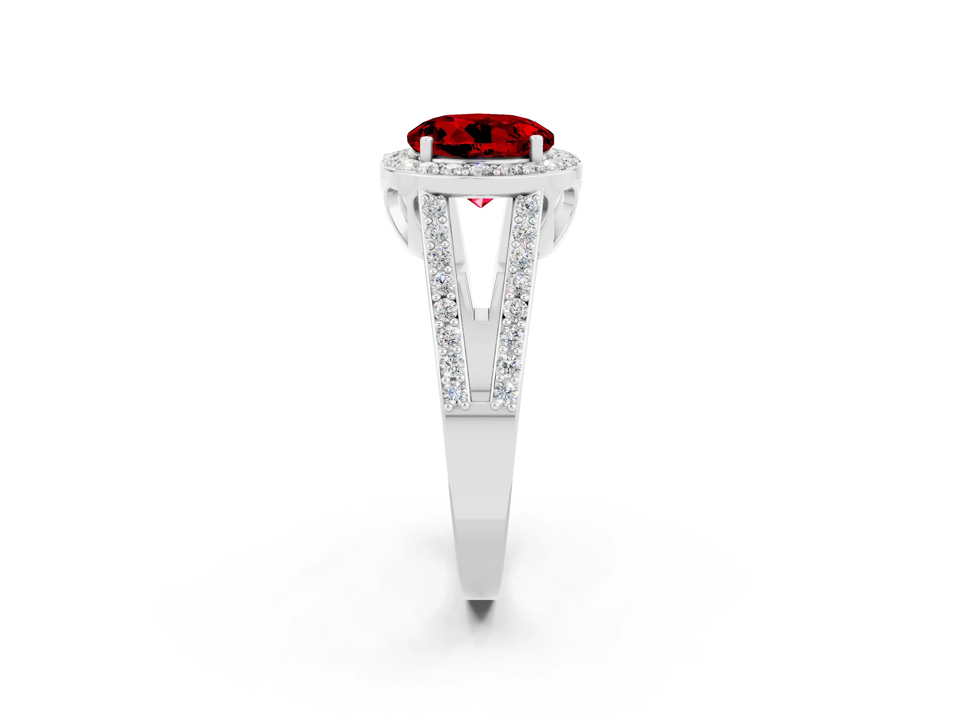 White gold Round Cut Ruby Halo Ring with Split Shank U-Prong Band and Four-Prong Setting_2