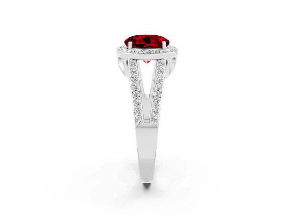 Platinum Round Cut Ruby Halo Ring with Split Shank U-Prong Band and Four-Prong Setting