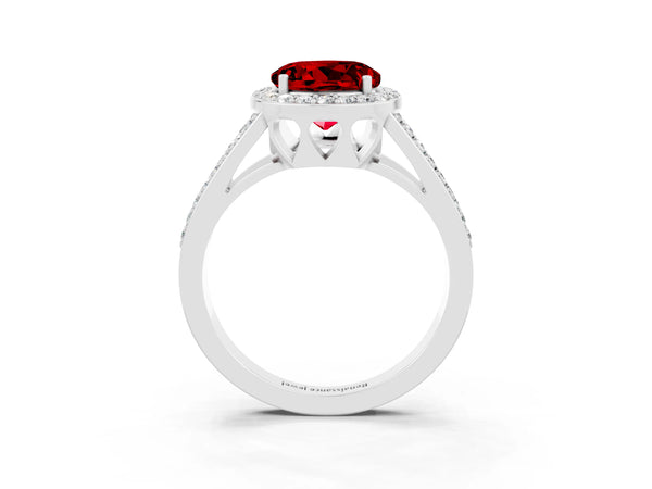 White gold Round Cut Ruby Halo Ring with Split Shank U-Prong Band and Four-Prong Setting