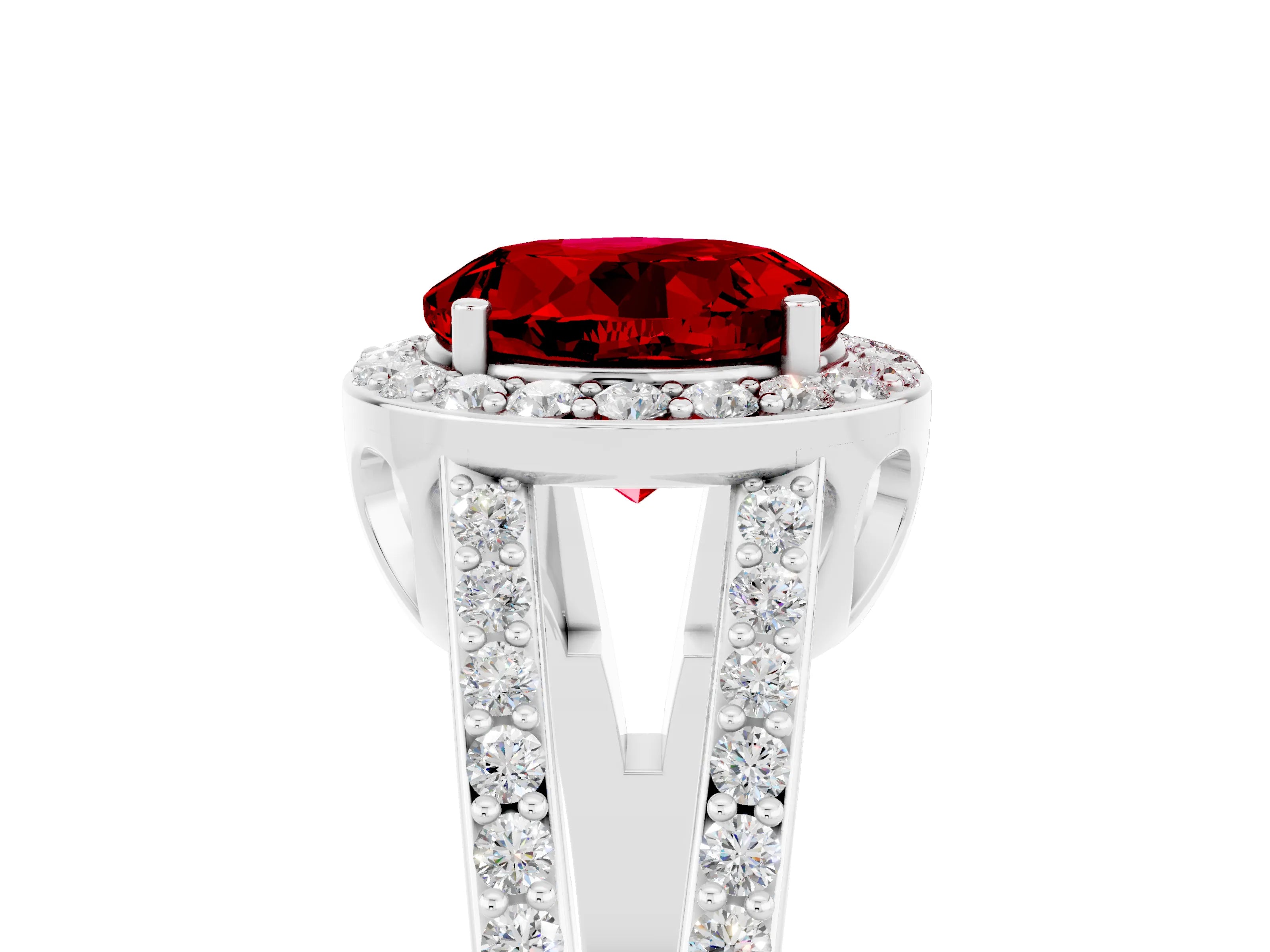 White gold Round Cut Ruby Halo Ring with Split Shank U-Prong Band and Four-Prong Setting_5
