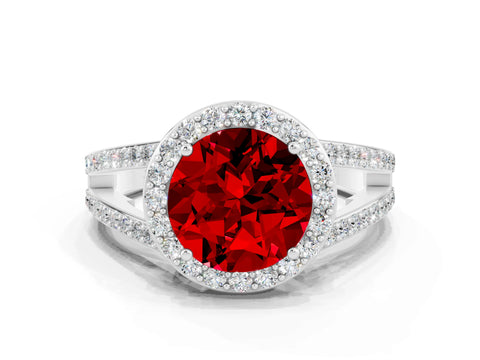 White gold Round Cut Ruby Halo Ring with Split Shank U-Prong Band and Four-Prong Setting