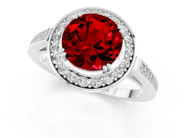 Platinum Round Cut Ruby Halo Ring with Split Shank and Four-Prong Setting