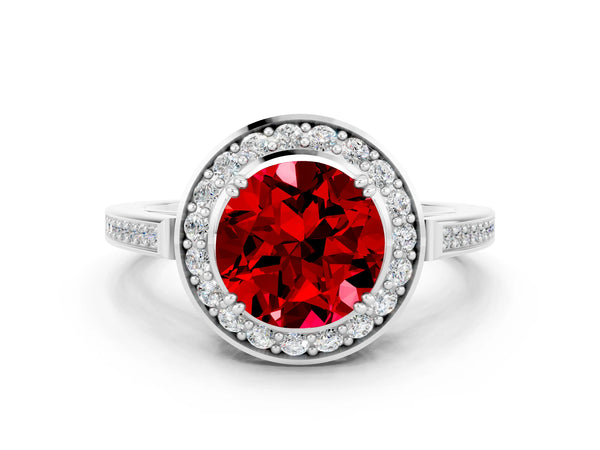 White gold Round Cut Ruby Halo Ring with Split Shank and Four-Prong Setting