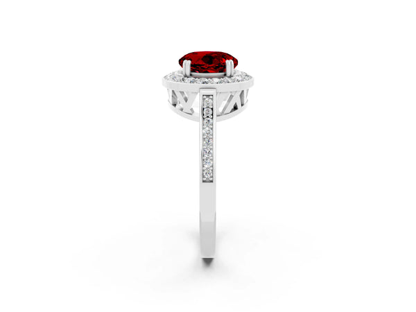White gold Round Cut Ruby Halo Ring with Split Shank and Four-Prong Setting