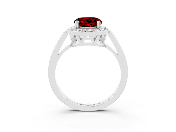 White gold Round Cut Ruby Halo Ring with Split Shank and Four-Prong Setting