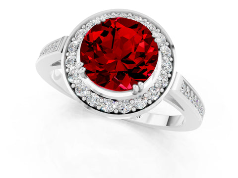 White gold Round Cut Ruby Halo Ring with Split Shank and Four-Prong Setting_1