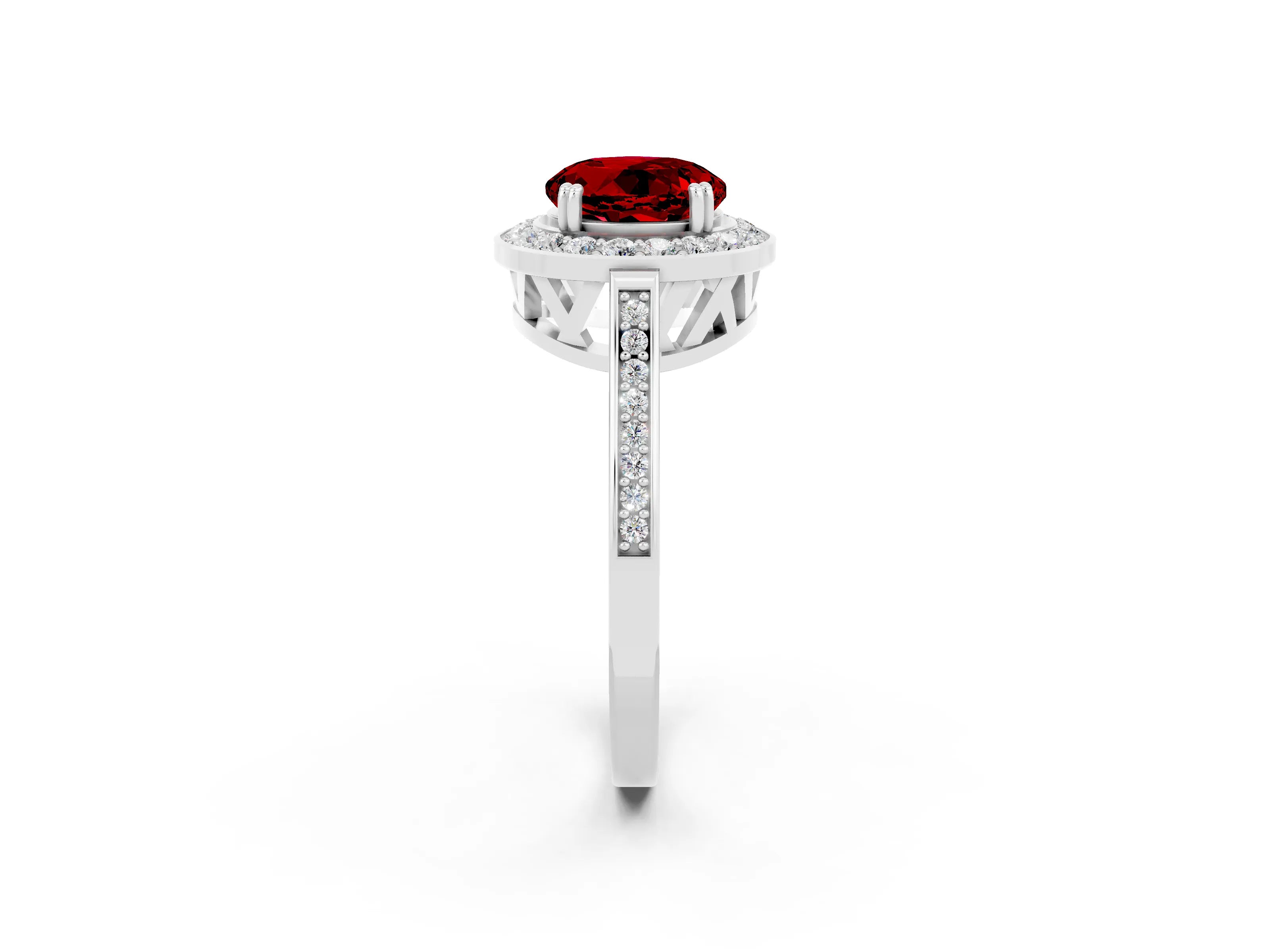 White gold Round Cut Ruby Halo Ring with Split Shank and Four-Prong Setting_2