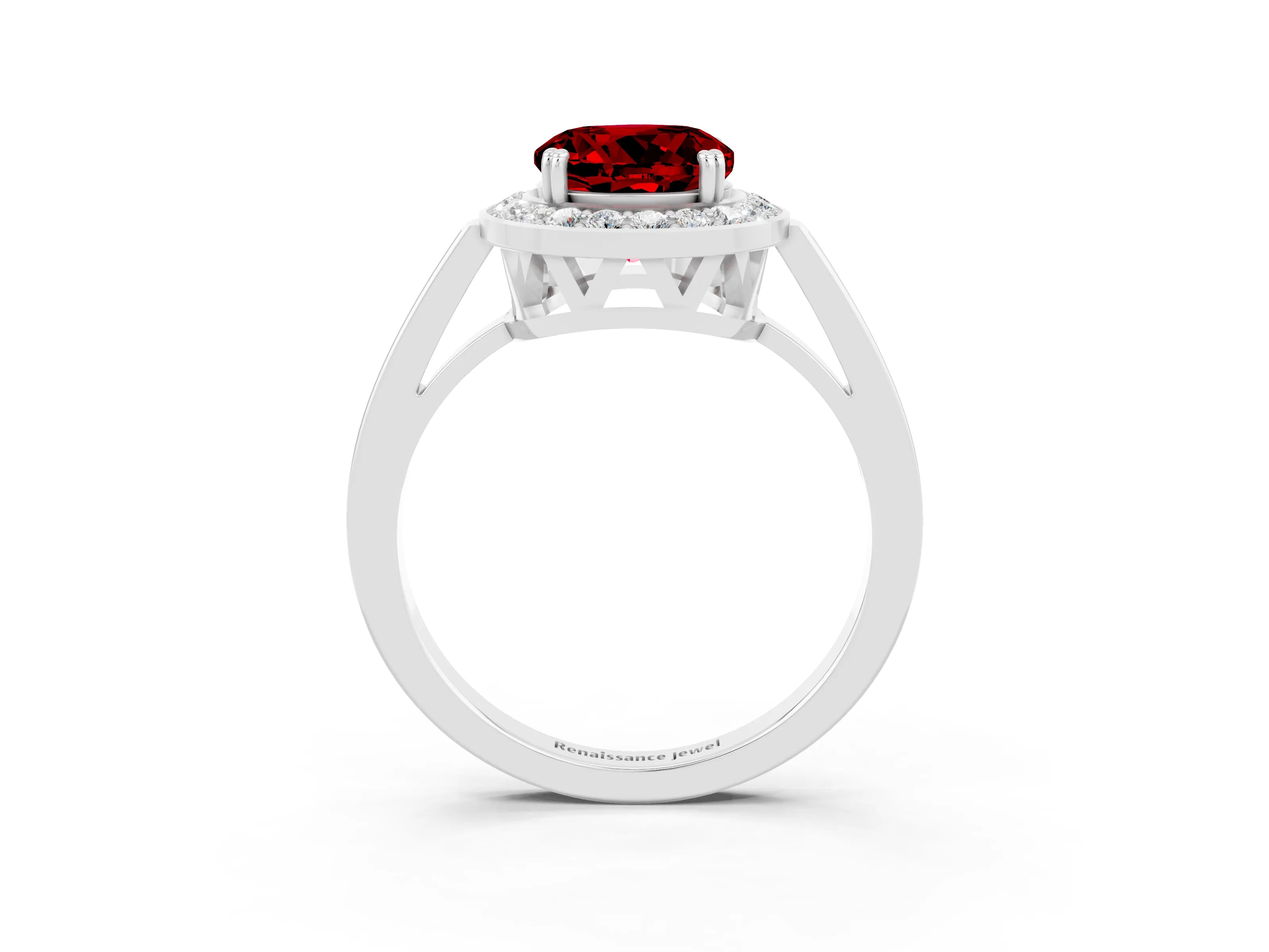 White gold Round Cut Ruby Halo Ring with Split Shank and Four-Prong Setting_3