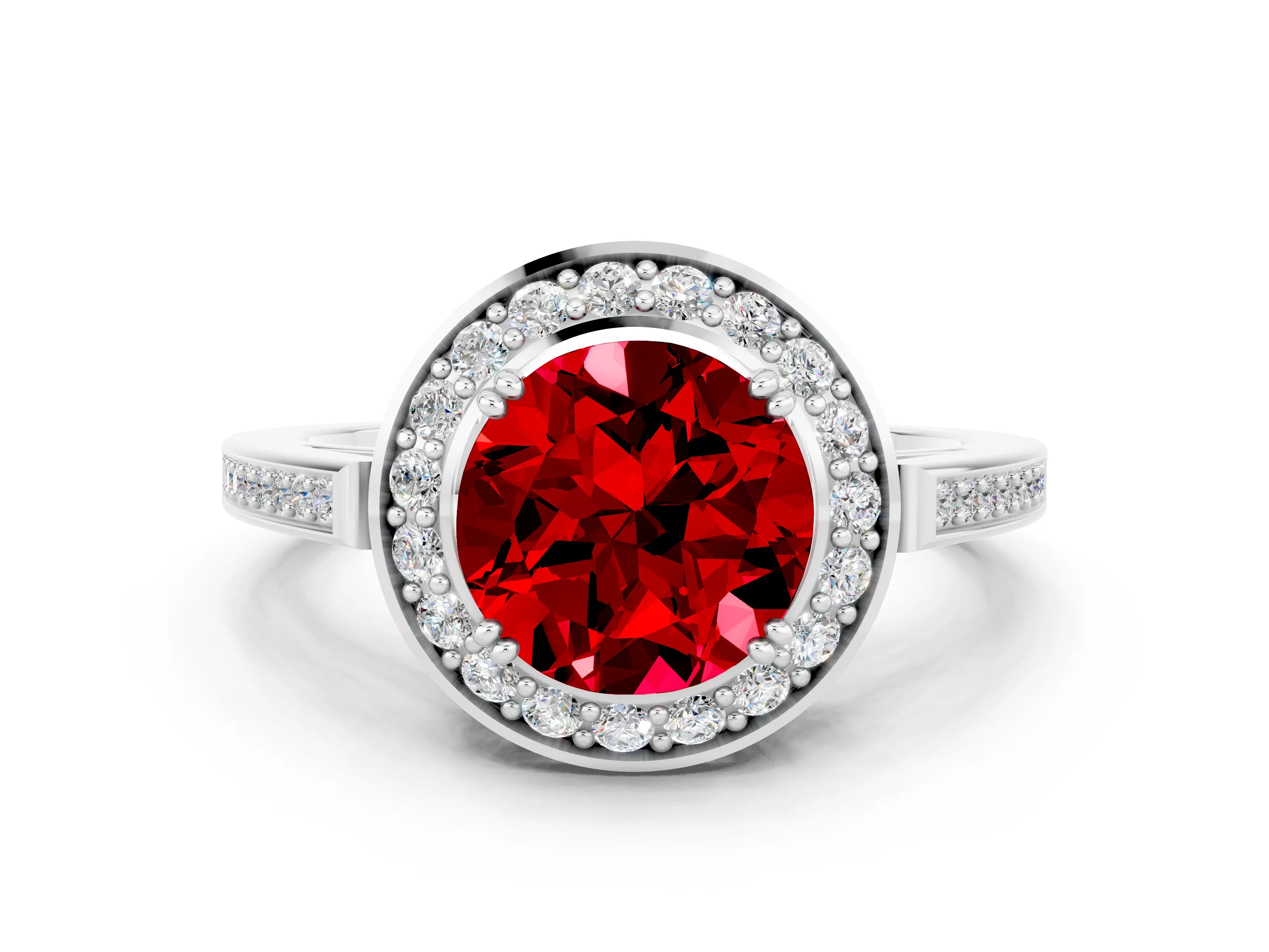 White gold Round Cut Ruby Halo Ring with Split Shank and Four-Prong Setting