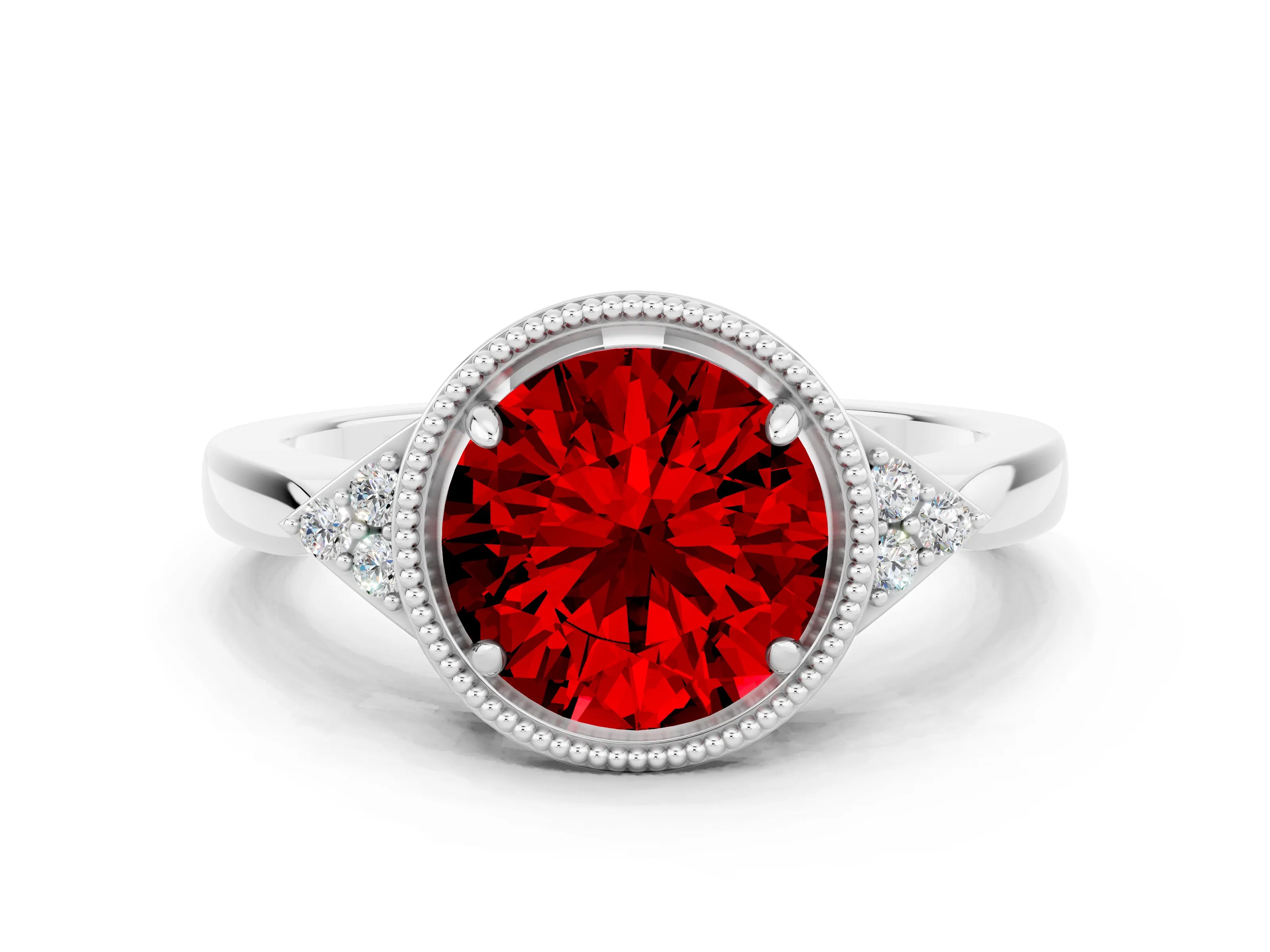 White gold Round Cut Ruby Halo Ring with Tapered Band and Four-Prong Setting