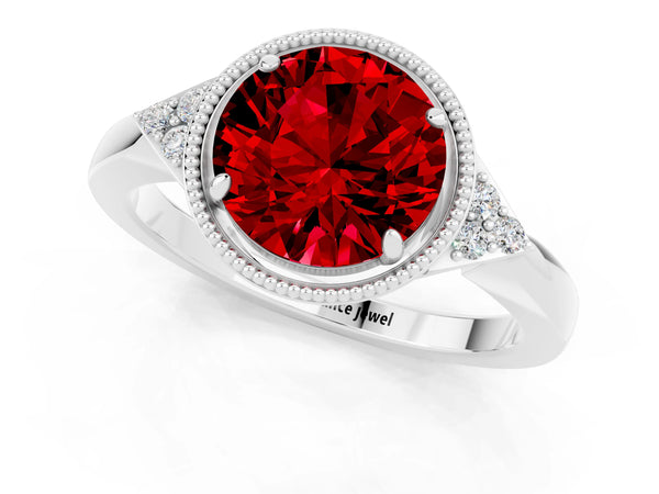 Silver Round Cut Ruby Halo Ring with Tapered Band and Four-Prong Setting