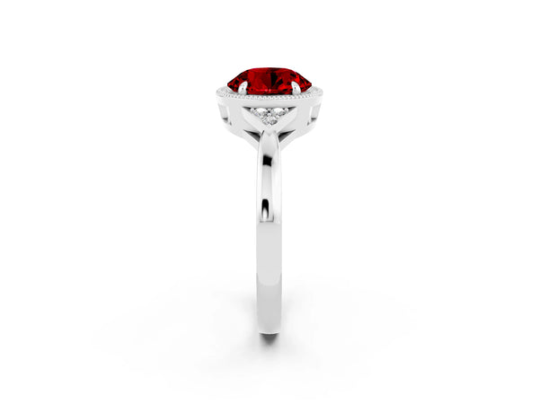 Silver Round Cut Ruby Halo Ring with Tapered Band and Four-Prong Setting