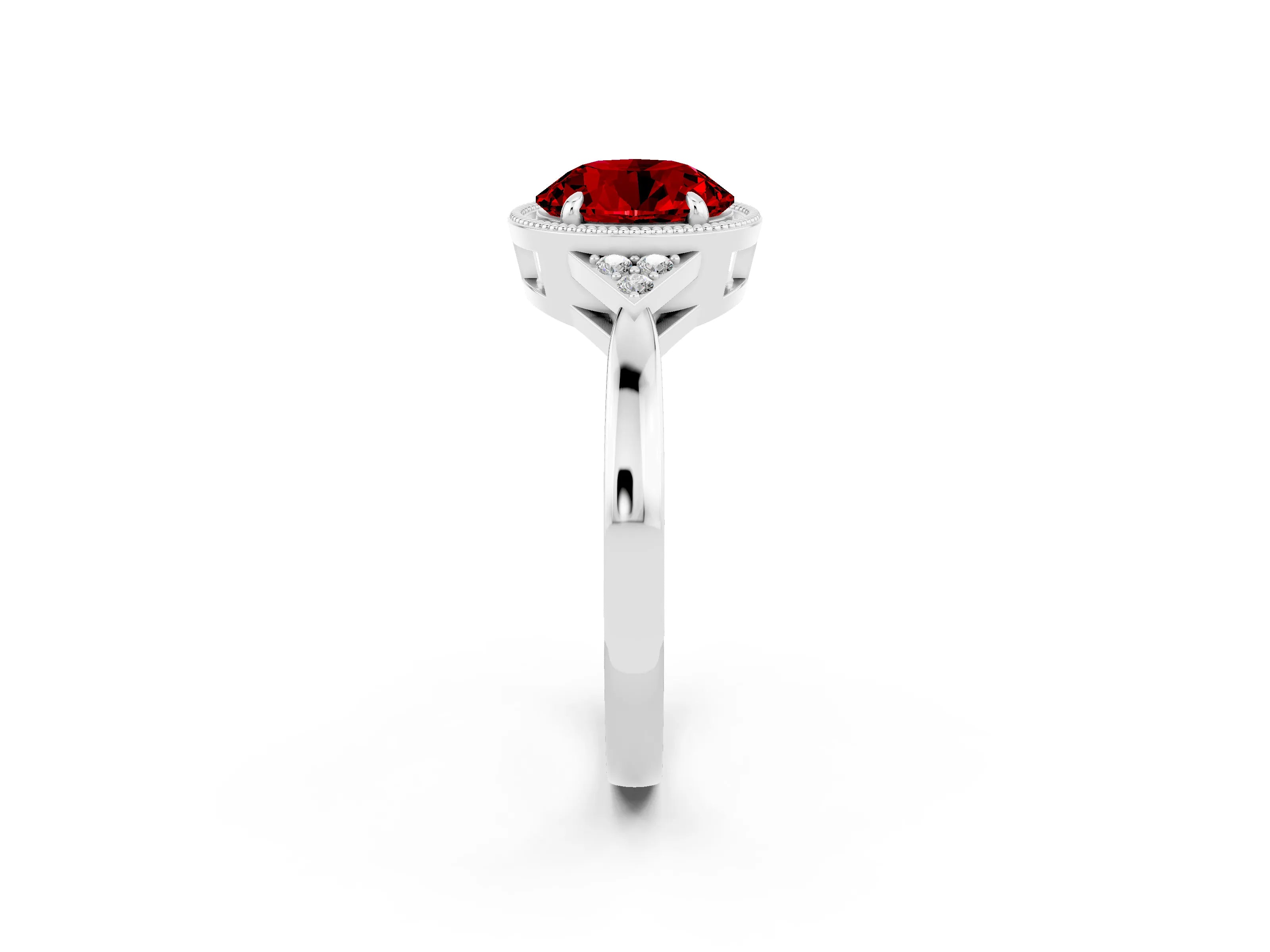 White gold Round Cut Ruby Halo Ring with Tapered Band and Four-Prong Setting_2