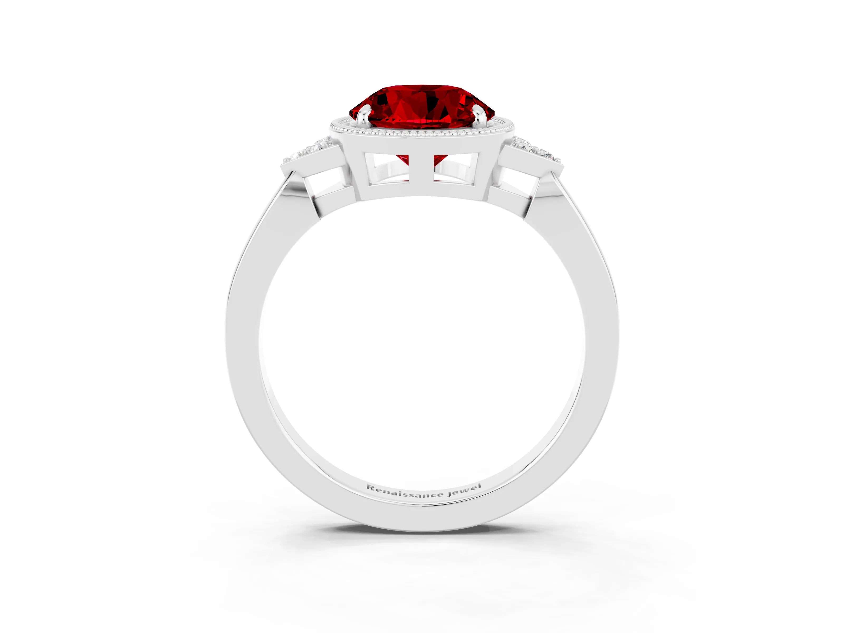 White gold Round Cut Ruby Halo Ring with Tapered Band and Four-Prong Setting_3