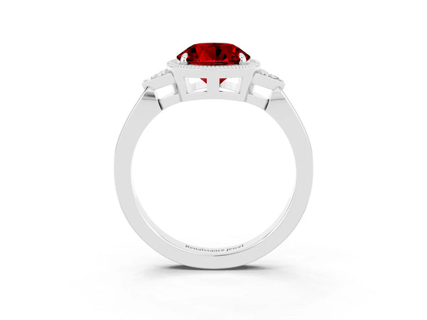 White gold Round Cut Ruby Halo Ring with Tapered Band and Four-Prong Setting