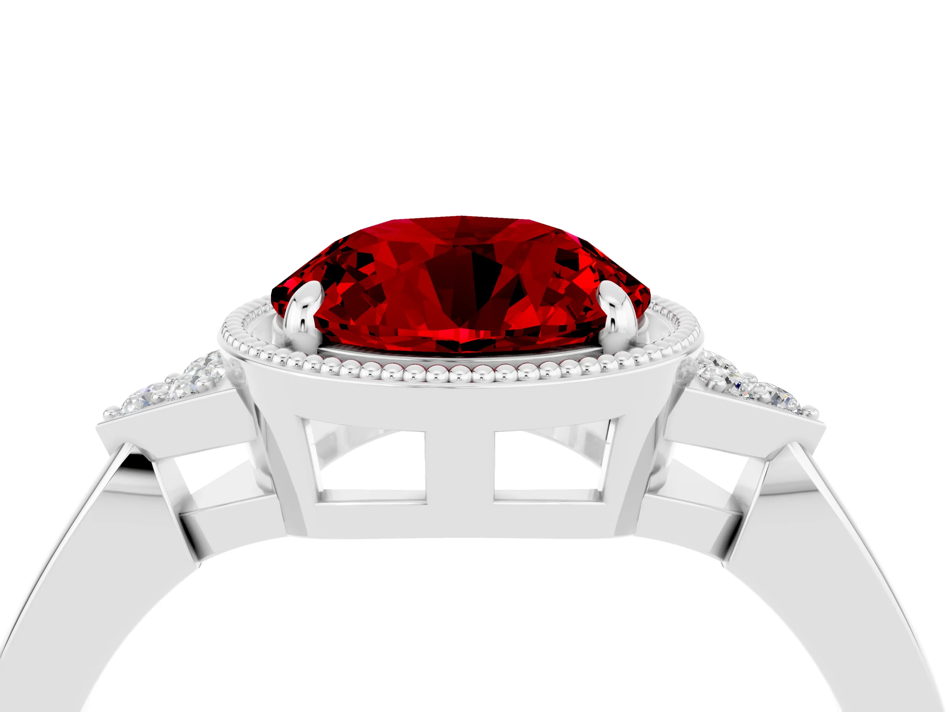 White gold Round Cut Ruby Halo Ring with Tapered Band and Four-Prong Setting_4