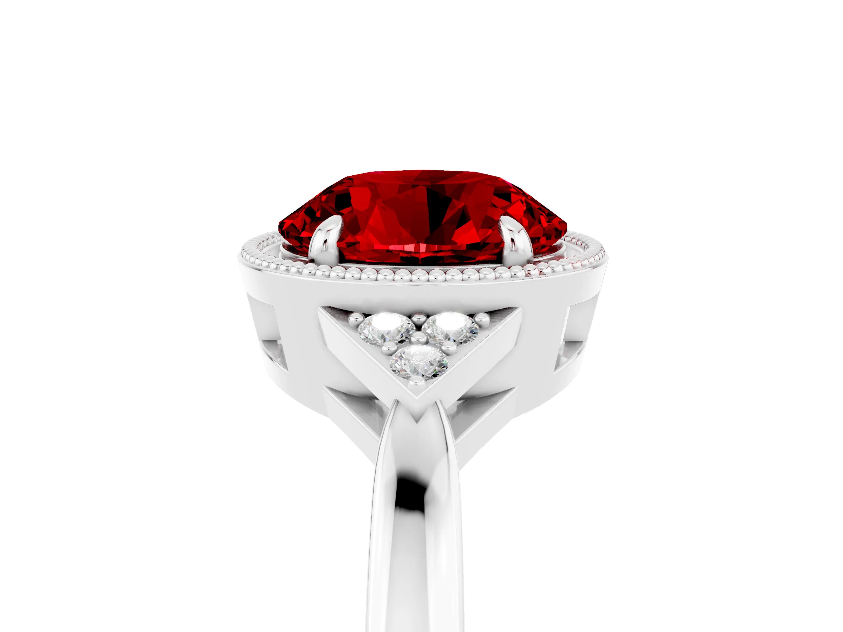 White gold Round Cut Ruby Halo Ring with Tapered Band and Four-Prong Setting_5