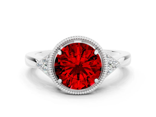 Silver Round Cut Ruby Halo Ring with Tapered Band and Four-Prong Setting
