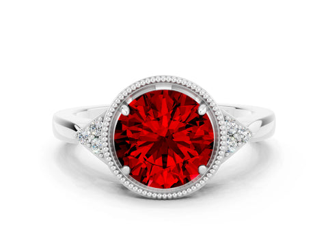 White gold Round Cut Ruby Halo Ring with Tapered Band and Four-Prong Setting