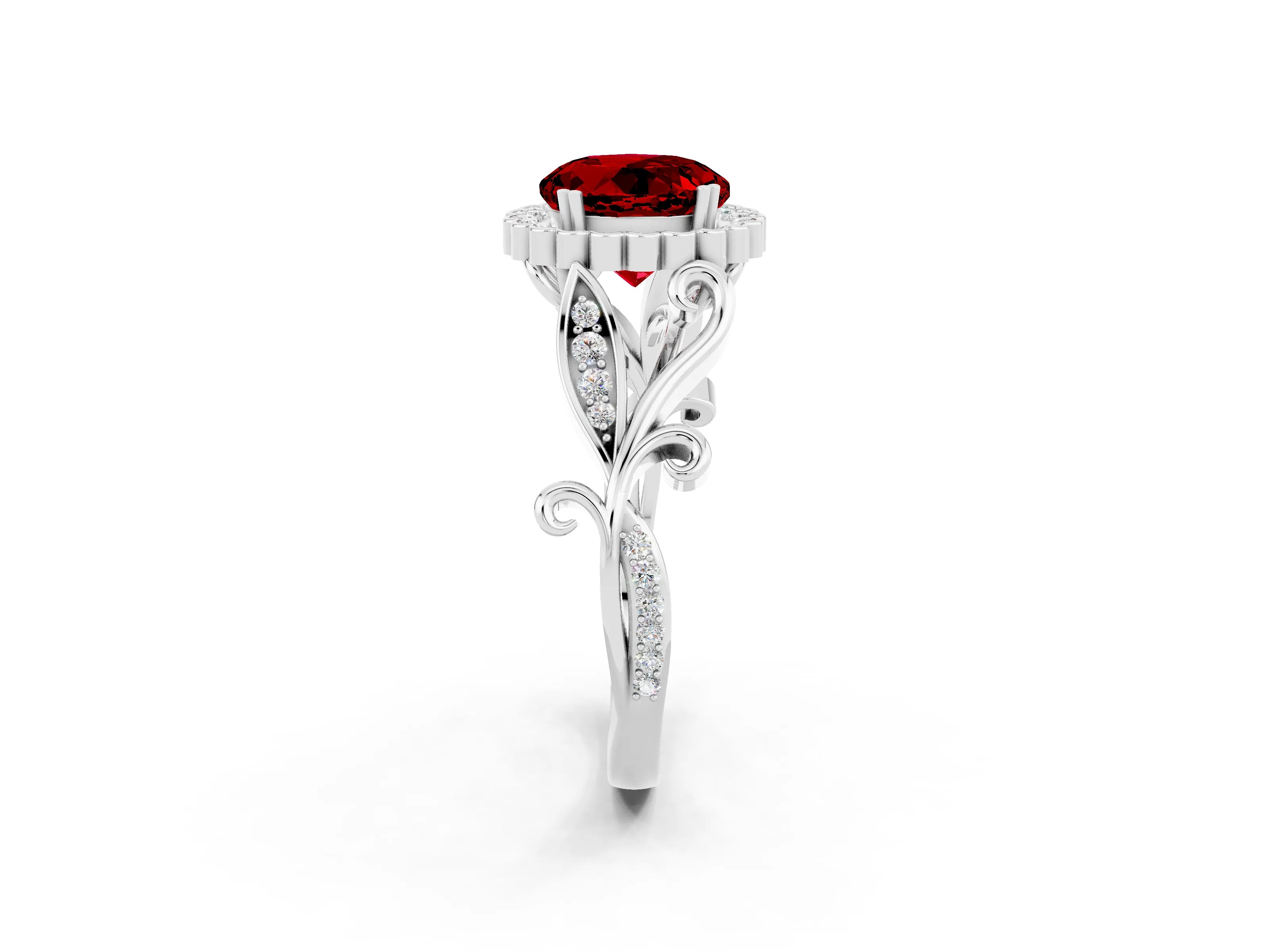 White gold Round Cut Ruby Halo Ring with Vintage Split Shank and Four-Prong Setting_20
