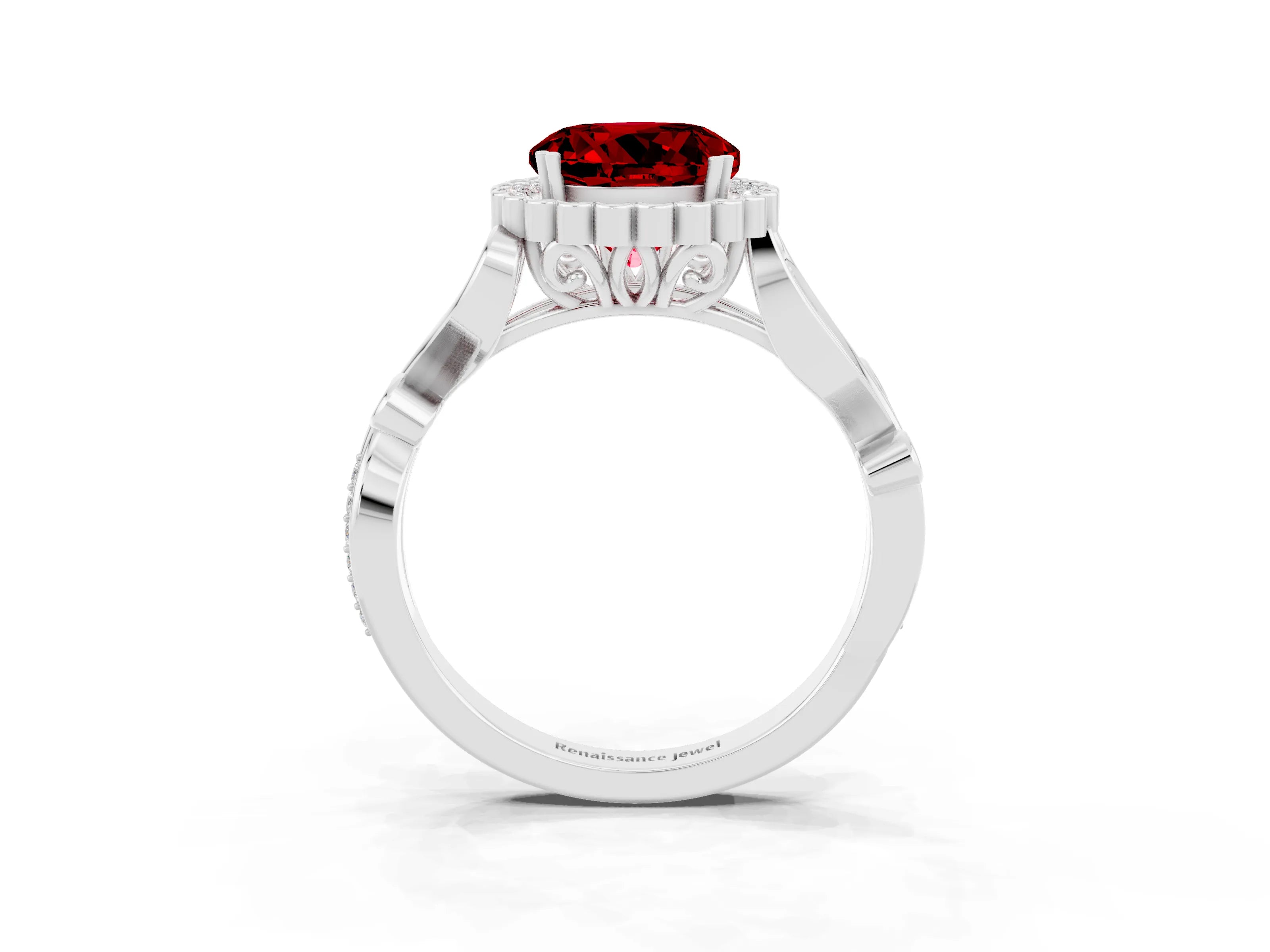 White gold Round Cut Ruby Halo Ring with Vintage Split Shank and Four-Prong Setting_21