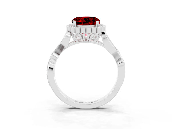 White gold Round Cut Ruby Halo Ring with Vintage Split Shank and Four-Prong Setting