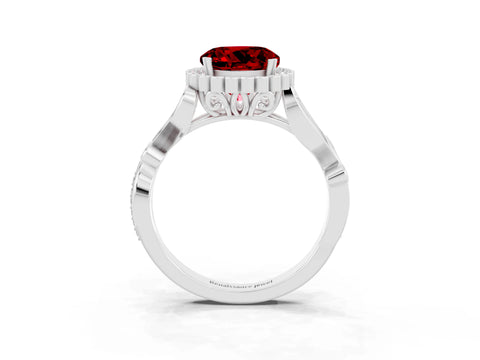 White gold Round Cut Ruby Halo Ring with Vintage Split Shank and Four-Prong Setting_21