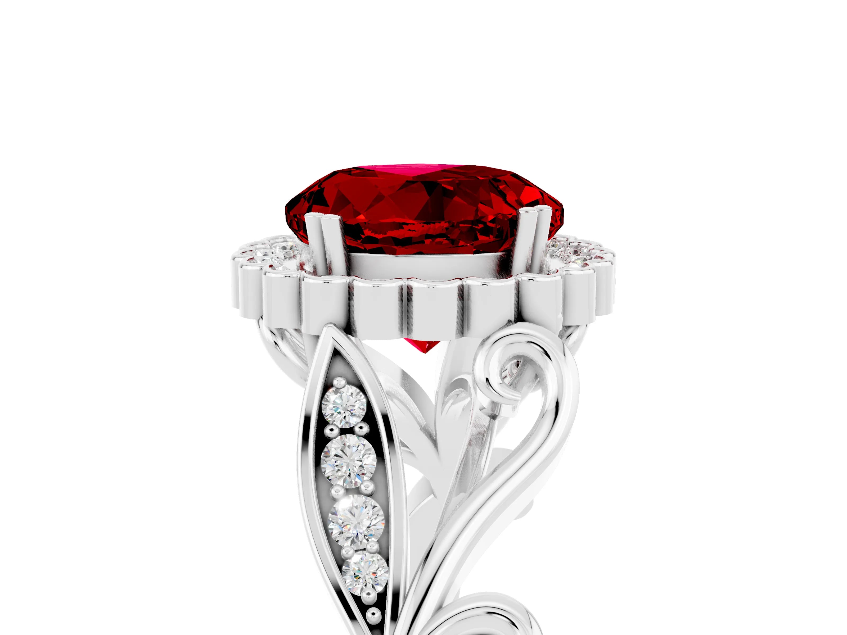 White gold Round Cut Ruby Halo Ring with Vintage Split Shank and Four-Prong Setting_23