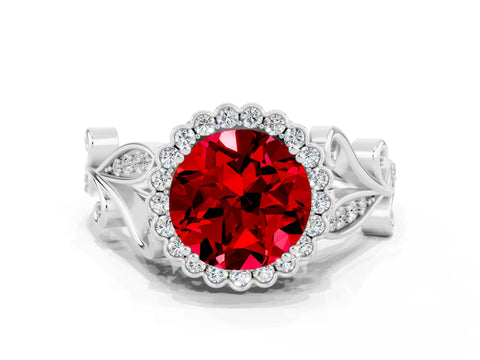 White gold Round Cut Ruby Halo Ring with Vintage Split Shank and Four-Prong Setting_23