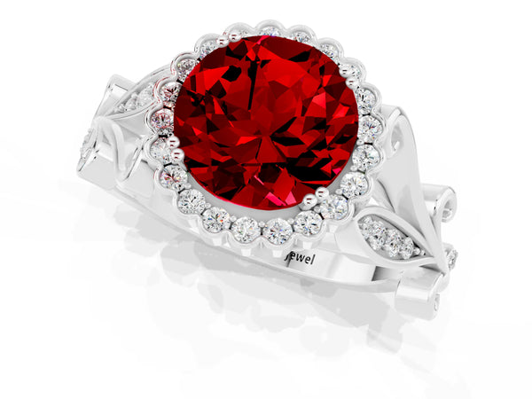 Platinum Round Cut Ruby Halo Ring with Vintage Split Shank and Four-Prong Setting