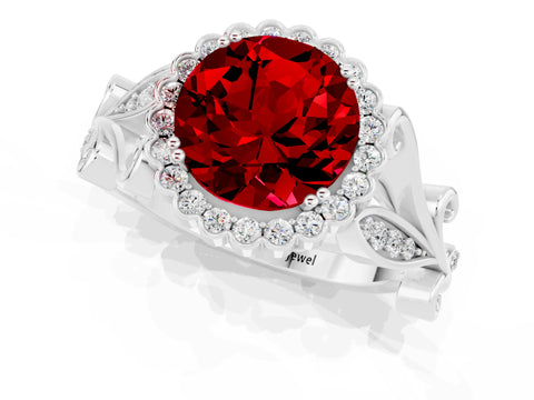 White gold Round Cut Ruby Halo Ring with Vintage Split Shank and Four-Prong Setting_24