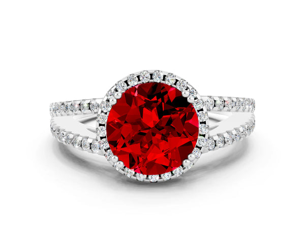 Silver Round Cut Ruby Halo Split Shank Engagement Ring