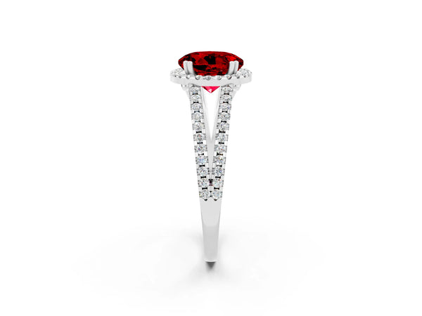 Platinum Round Cut Ruby Halo Split Shank Engagement Ring