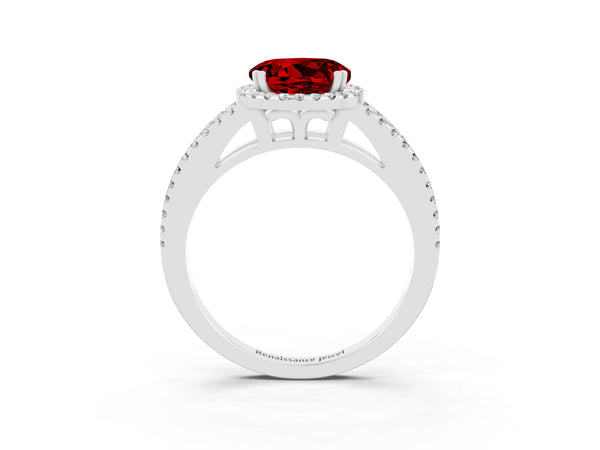 White gold Round Cut Ruby Halo Split Shank Engagement Ring