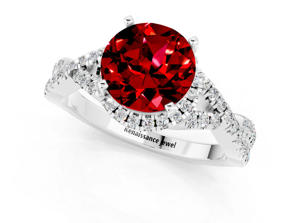 Silver Round Cut Ruby  Halo Twist Band Solitaire Prong Setting Ring
