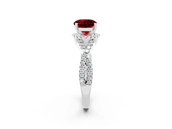 White gold Round Cut Ruby  Halo Twist Band Solitaire Prong Setting Ring