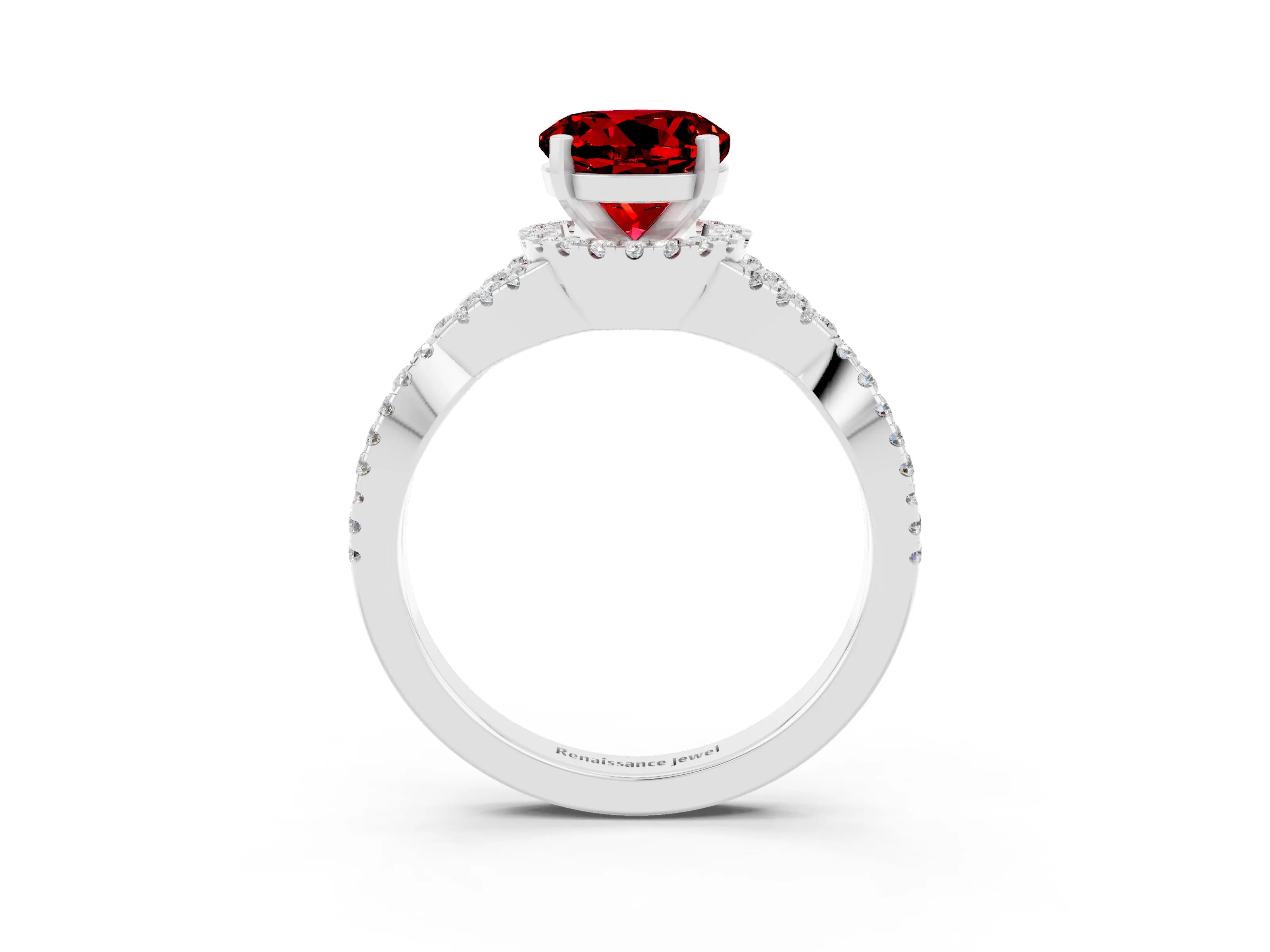 White gold Round Cut Ruby Halo Twist Band Solitaire Prong Setting Ring_3