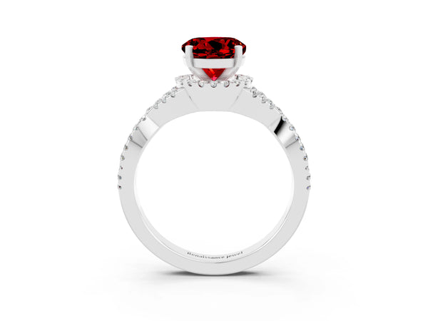 White gold Round Cut Ruby  Halo Twist Band Solitaire Prong Setting Ring