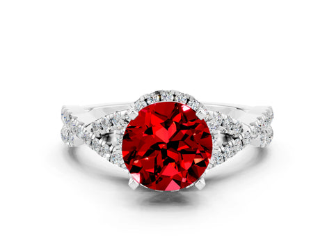 White gold Round Cut Ruby Halo Twist Band Solitaire Prong Setting Ring