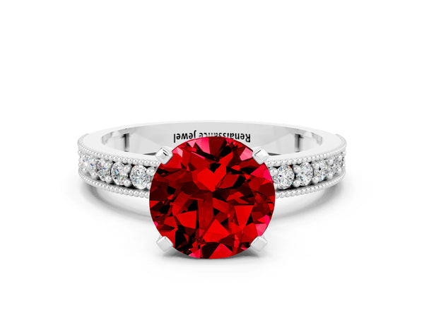 Platinum Round Cut Ruby Milgrain Pavé Engagement Ring with Four-Prong Setting