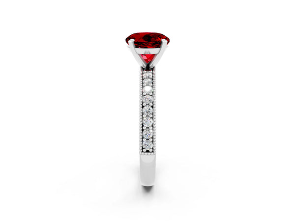 Silver Round Cut Ruby Milgrain Pavé Engagement Ring with Four-Prong Setting