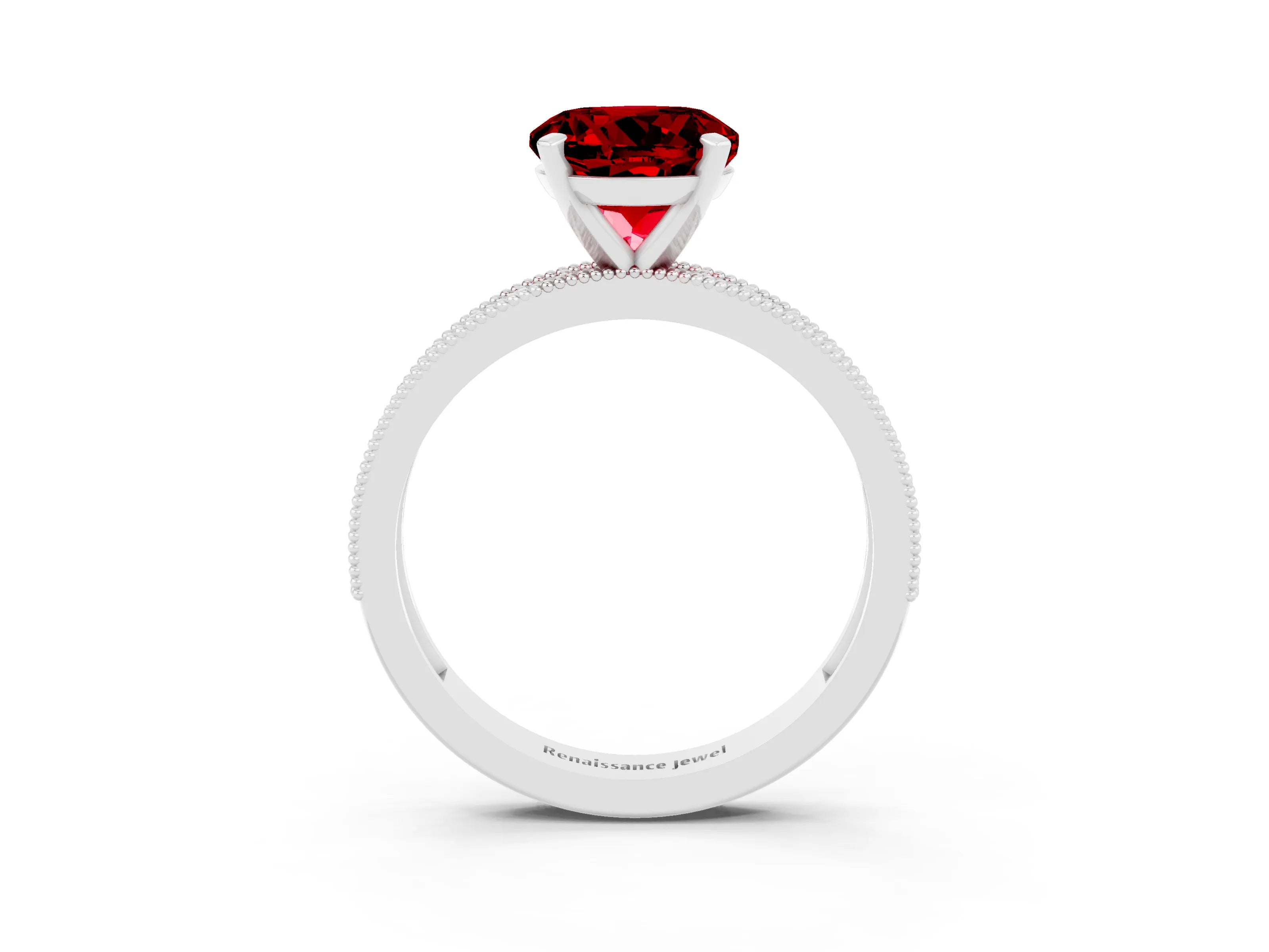 White gold Round Cut Ruby Milgrain Pavé Engagement Ring with Four-Prong Setting_3