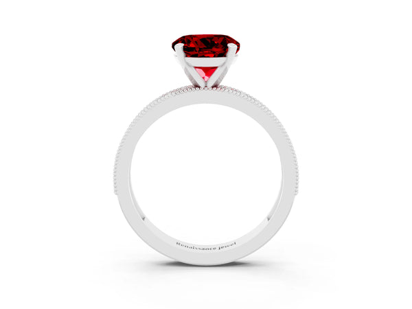 Platinum Round Cut Ruby Milgrain Pavé Engagement Ring with Four-Prong Setting
