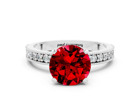 White gold Round Cut Ruby Milgrain Pavé Engagement Ring with Four-Prong Setting