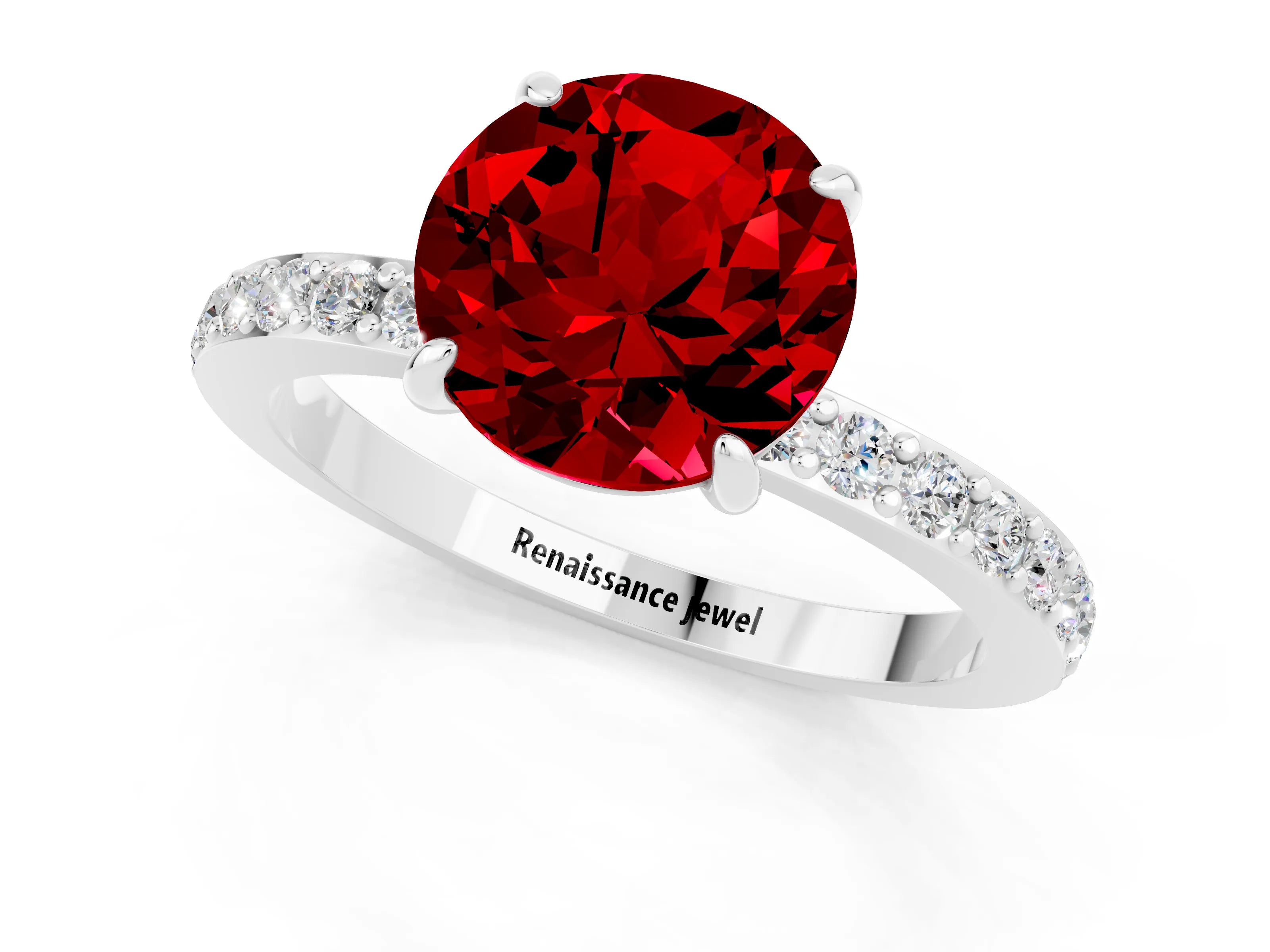 White gold Round Cut Ruby Pavé Engagement Ring with Round  Accents and Prong Setting_25