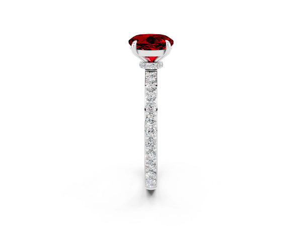 Silver Round Cut Ruby Pavé Engagement Ring with Round  Accents and Prong Setting