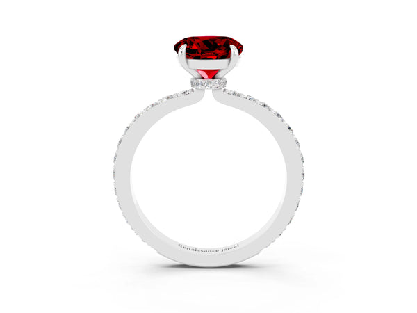 Silver Round Cut Ruby Pavé Engagement Ring with Round  Accents and Prong Setting