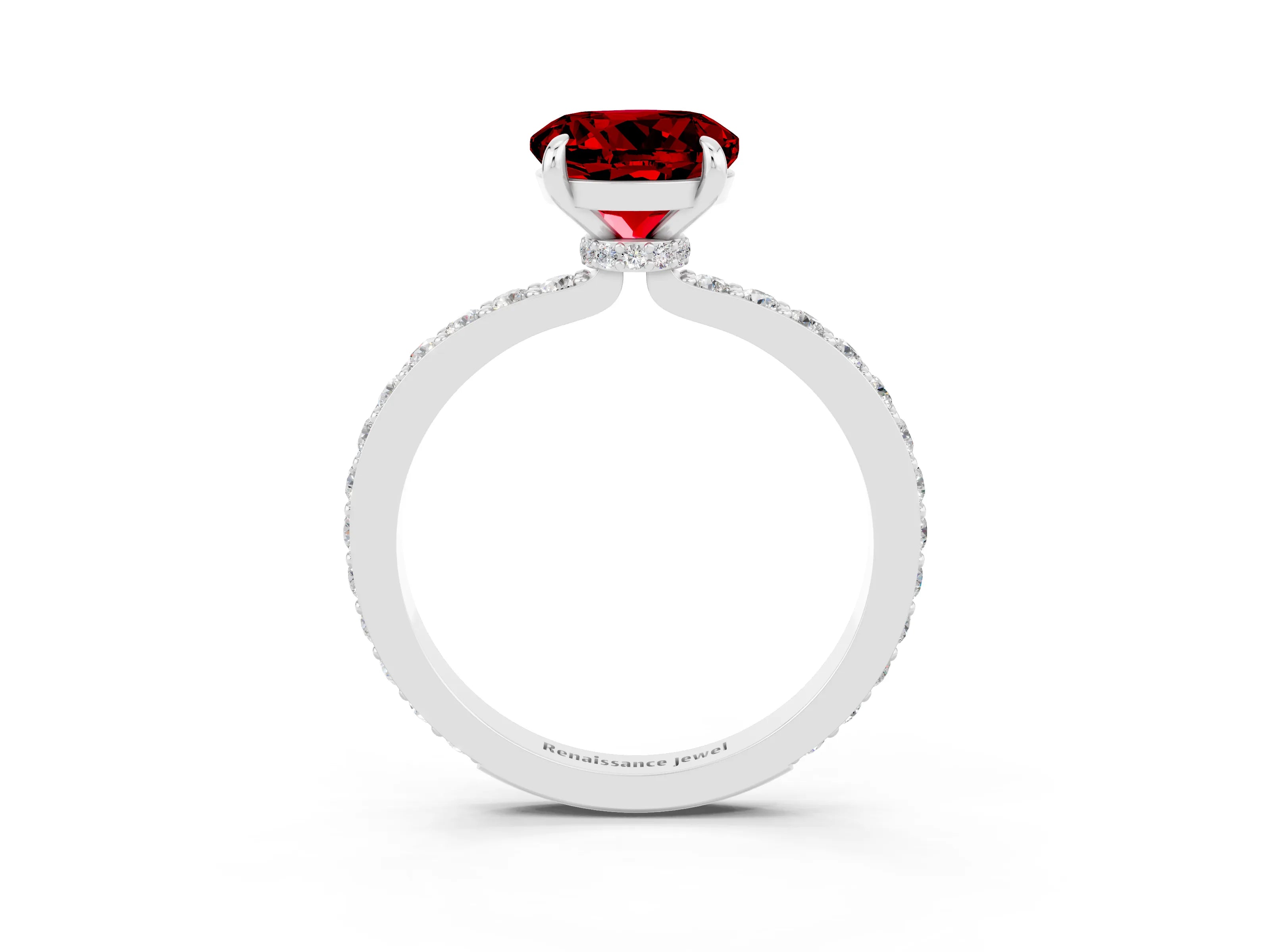 White gold Round Cut Ruby Pavé Engagement Ring with Round  Accents and Prong Setting_27