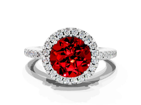 White gold Round Cut Ruby Pavé Halo Ring with Four-Prong Setting_12