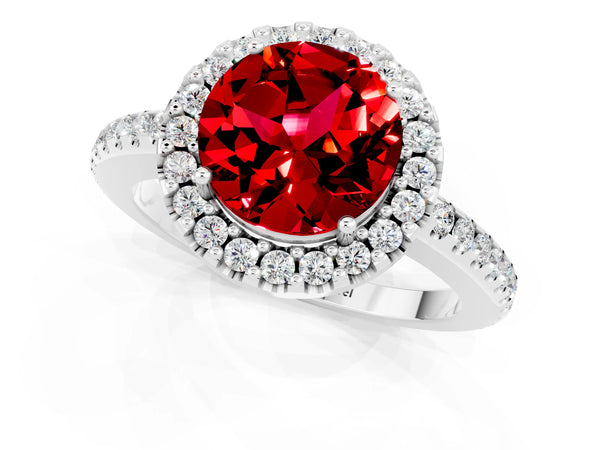 Platinum Round Cut Ruby Pavé Halo Ring with Four-Prong Setting